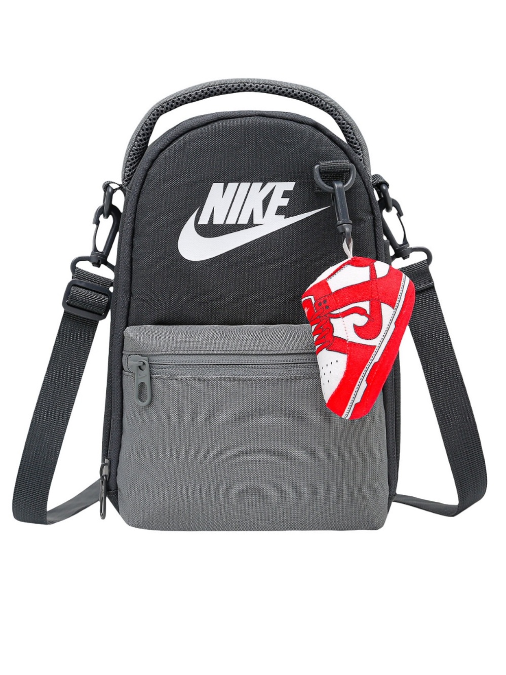 Nike Black and Gray Messenger Bag with Red Sneaker Key Charm